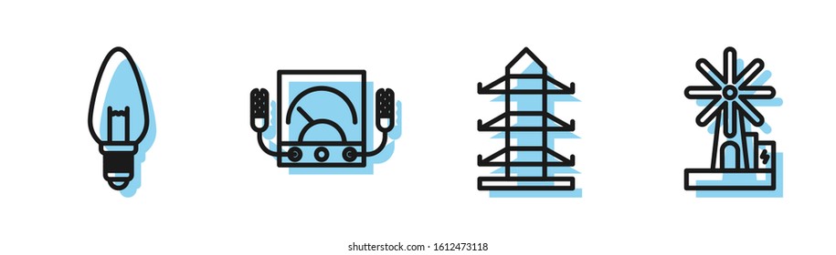 Set line High voltage power pole line, Light bulb, Ampere meter, multimeter, voltmeter and Wind turbine icon. Vector