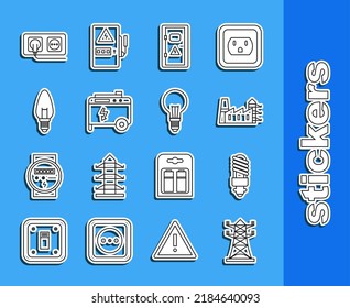 Set line High voltage power pole line, LED light bulb, Power station plant and factory, Electrical cabinet, Portable electric generator, Light, outlet and with concept of idea icon. Vector