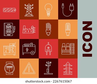 Set-Line Hochspannungsleitung, Kraftwerk und Fabrik, LED-Glühbirne, Licht mit Ideenkonzept, Elektrische Tafel, Verlängerungskabel und Icon. Vektorgrafik