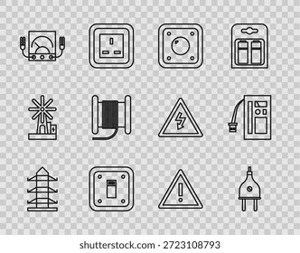 Línea de poste de energía de alto voltaje, enchufe eléctrico, interruptor de luz, medidor de amperios, multímetro, voltímetro, cable eléctrico de alambre en carrete o tambor, triángulo de signo de exclamación e icono de batería. Vector