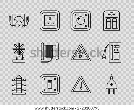 Set line High voltage power pole line, Electric plug, light switch, Ampere meter, multimeter, voltmeter, Wire electric cable on reel or drum, Exclamation mark triangle and Battery icon. Vector