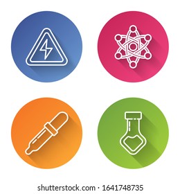 Set line High voltage sign, Atom, Pipette and Test tube and flask chemical. Color circle button. Vector