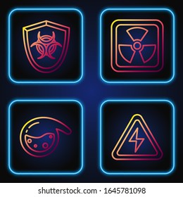 Set line High voltage sign, Test tube and flask chemical, Biohazard symbol on shield and Radioactive. Gradient color icons. Vector