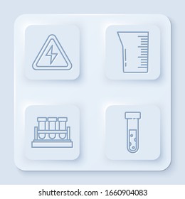 Set line High voltage sign, Laboratory glassware or beaker, Test tube and flask chemical and Test tube and flask chemical. White square button. Vector