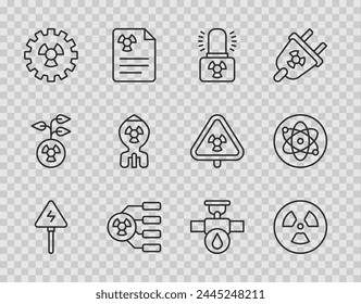 Señal de alto voltaje, radiactivo, lámpara de advertencia, bomba nuclear, tubo y válvula de la industria e icono de átomo. Vector