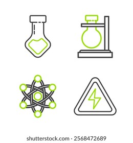 Set line High voltage sign, Atom, Test tube flask on stand and chemical icon. Vector