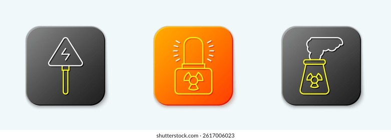 Set line High voltage sign, Radioactive warning lamp and Nuclear power plant icon. Vector