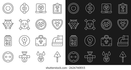 Set line High voltage sign, Wastewater, Radioactive in shield, Nuclear laptop, Bones and skull warning, Biohazard symbol, Power button and Molecule icon. Vector