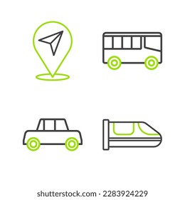 Set line High-speed train, Car, Bus and Location icon. Vector