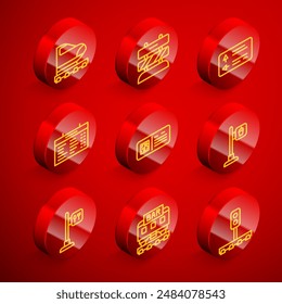 Set line High-speed train, End of railway tracks, Road traffic signpost, Train station board, QR code ticket, Cafe and restaurant location,  and Restaurant icon. Vector