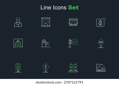 Set line High-speed train, End of railway tracks, Exclamation mark square, Railroad crossing, Toilet, Turnstile and Train tunnel icon. Vector