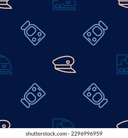 Set line High-speed train, Train and railway and driver hat on seamless pattern. Vector
