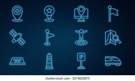 Fijar línea Tren de alta velocidad, localización de la búsqueda, Monitor con marcador, Ubicación, Satélite, hospital cruzado, persona y icono de la estrella del puntero del mapa. Vector