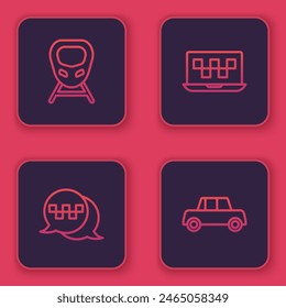 Tren de alta velocidad, servicio telefónico de llamadas de taxi, taxi portátil y coche. Botón cuadrado azul. Vector