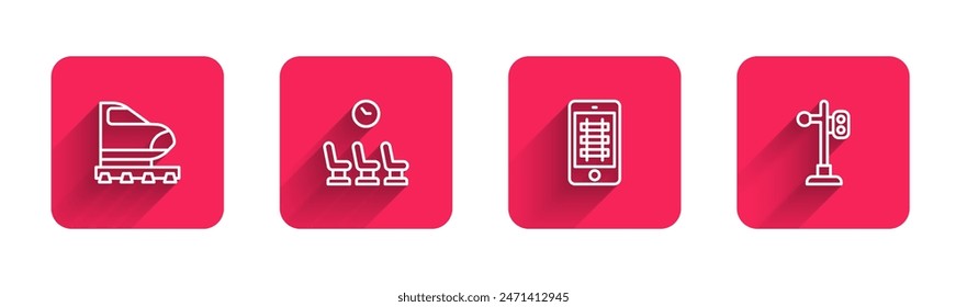 Set line High-speed train, Waiting room, Buy ticket online and Train traffic light with long shadow. Red square button. Vector