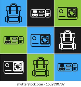 Set line Hiking backpack, Action extreme camera and Cruise ticket for traveling by ship icon. Vector