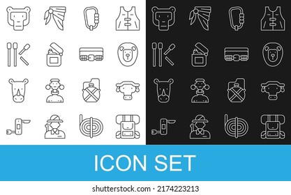 Mochila de senderismo, cabeza de búfalo africana, león salvaje, carabiner, encendedor, coincidencias, mono y icono del cinturón del cartucho de caza. Vector