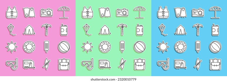 Set line Hiking backpack, Beach ball, Soda can, Photo camera, Tourist tent, Kite, Life jacket and Tropical palm tree icon. Vector