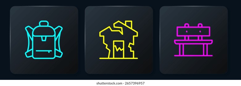 Set line Mochila de senderismo, Banco y Casa en ruinas. Botón cuadrado negro. Vector