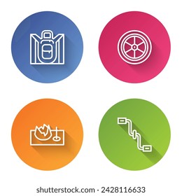 Set line Hiking backpack, Bicycle wheel, on street ramp and pedals. Color circle button. Vector