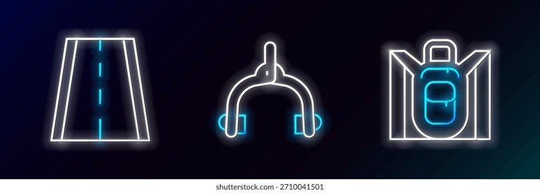 Mochila de senderismo, carril para bicicletas e icono de pinzas de freno. Brillante neón. Vector