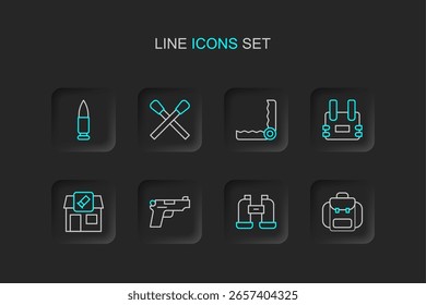 Set line Hiking backpack, Binoculars, Pistol or gun, Hunting shop, Bulletproof vest, Trap hunting, Burning match with fire and  icon. Vector