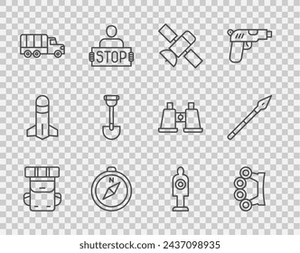 Set line Hiking backpack, Brass knuckles, Satellite, Compass, Military truck, Sapper shovel, Human target sport for shooting and Medieval spear icon. Vector