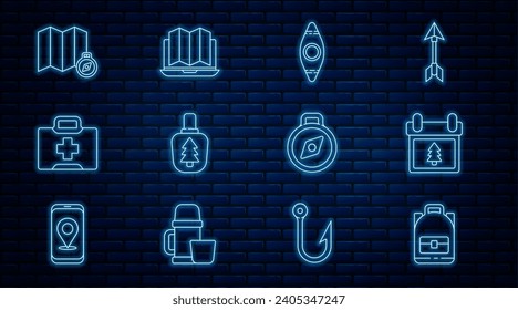 Set line Hiking backpack, Calendar with tree, Kayak or canoe, Canteen water bottle, First aid kit, Location of the forest on map, Compass and laptop icon. Vector