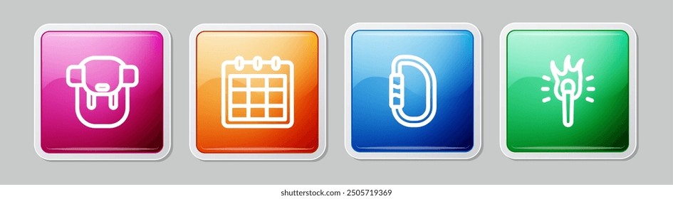Set line Mochila de senderismo, Calendario, Mosquetón y Llama de Antorcha. Colorido Botón cuadrado. Vector