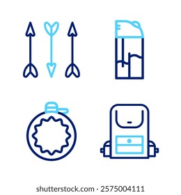 Set line Hiking backpack, Canteen water bottle, Lighter and Hipster arrows icon. Vector