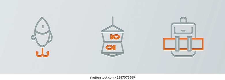 Set line Hiking backpack, Fishing lure and net with fish icon. Vector