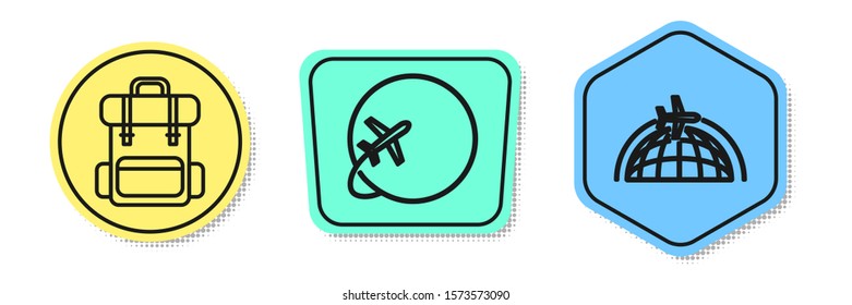 Set line Hiking backpack, Globe with flying plane and Globe with flying plane. Colored shapes. Vector