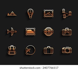 Set line Hiking backpack, Globe with flying plane, Tourist tent wood fire, Suitcase for travel, Photo camera, Postal stamp and Coliseum, stickers and Airline ticket icon. Vector