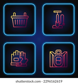 Set line Hiking backpack, Gloves, Bicycle basket and air pump. Gradient color icons. Vector