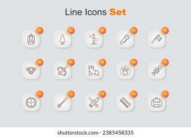 Set line Hiking backpack, Hunting cartridge belt, Crossed bullet with arrow, Medieval, Sniper optical sight, Dead fish, Paw search and Hunter boots icon. Vector