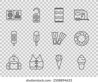 Set line Hiking backpack, Ice cream waffle cone, Beach towel, Life jacket, Passport,  and Rubber swimming ring icon. Vector