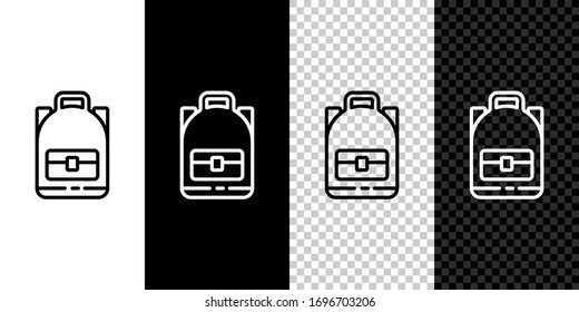 Set line Hiking backpack icon isolated on black and white background. Camping and mountain exploring backpack. Vector Illustration