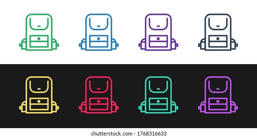 Set line Hiking backpack icon isolated on black and white background. Camping and mountain exploring backpack. Vector