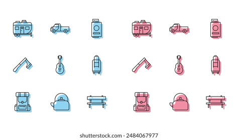 Set line Hiking backpack, Kettle with handle, Rv Camping trailer, Bench, Guitar, Suitcase, Wooden axe and Pickup truck icon. Vector