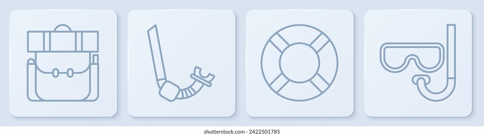 Set line Hiking backpack, Lifebuoy, Snorkel and Diving mask and snorkel. White square button. Vector