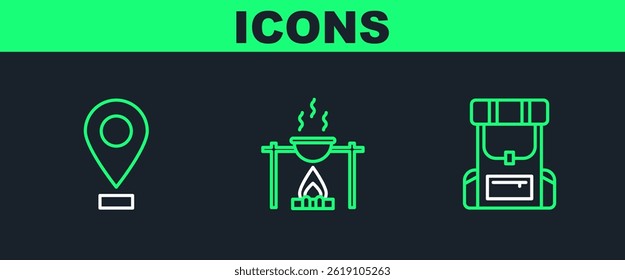 Set line Hiking backpack, Location and Campfire and pot icon. Vector