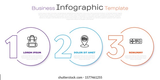 Set line Hiking backpack, Map pointer with Coliseum in Rome, Italy and Airline ticket. Business infographic template. Vector