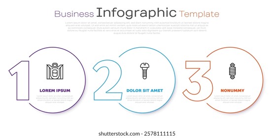 Set line Hiking backpack, Metallic screw and Bicycle suspension. Business infographic template. Vector