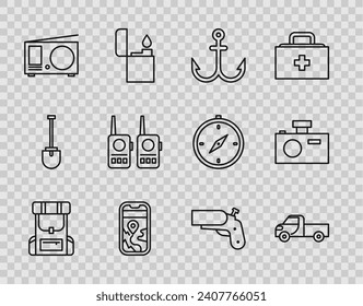 Set line Hiking backpack, Pickup truck, Anchor, City map navigation, Radio with antenna, Walkie talkie, Flare gun pistol and Photo camera icon. Vector