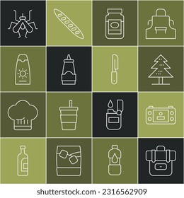 Set line Hiking backpack, Portable video game console, Tree, Jam jar, Sauce bottle, Sunscreen cream tube, Mosquito and Knife icon. Vector