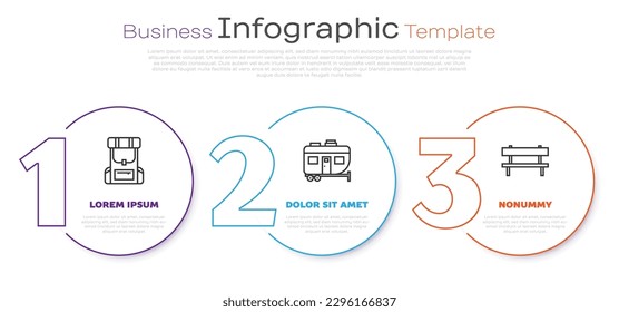 Set line Hiking backpack, Rv Camping trailer and Bench. Business infographic template. Vector