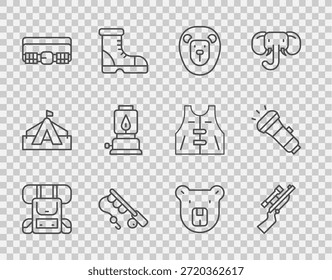 Set line Mochila de caminhada, rifle Sniper com escopo, leão selvagem, vara de pesca, cinto de cartucho de caça, lanterna de acampamento, cabeça de urso e ícone lanterna. Vetor