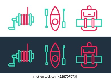 Set line Hiking backpack, Spinning reel for fishing and Kayak canoe icon. Vector