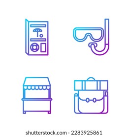 Set line Hiking backpack, Street stall with awning, Travel brochure and Diving mask and snorkel. Gradient color icons. Vector