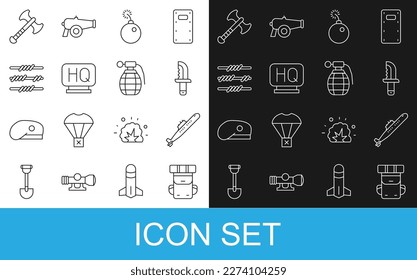 Set line Hiking backpack, Submarine, Military knife, Bomb ready to explode, headquarters, Barbed wire, War axe and Hand grenade icon. Vector
